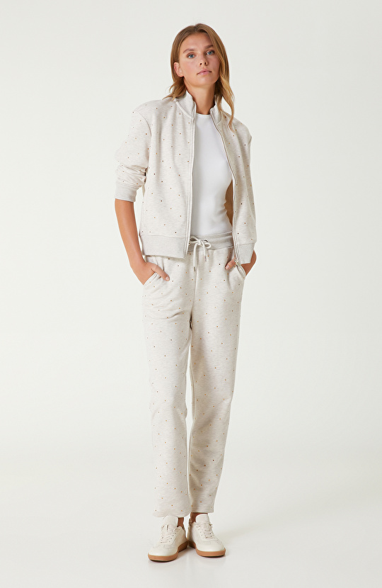 Bej Melanj Taş Baskı Detaylı Sweatshirt