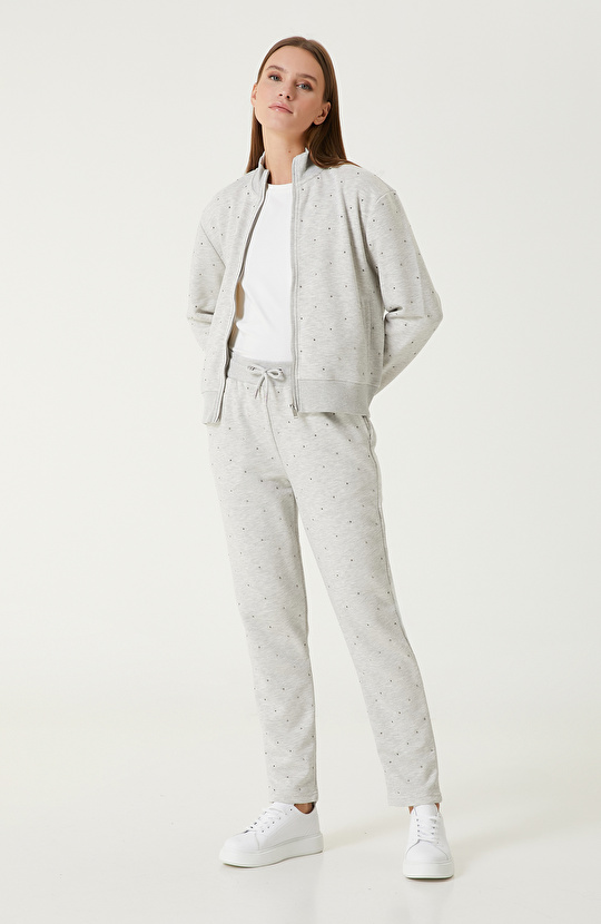 Gri Melanj Taş Baskı Detaylı SweaTshirt