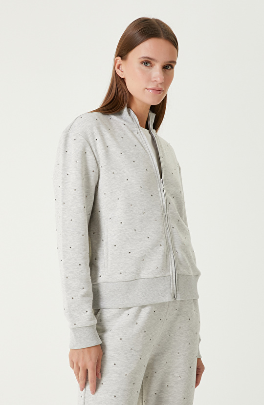 Gri Melanj Taş Baskı Detaylı SweaTshirt