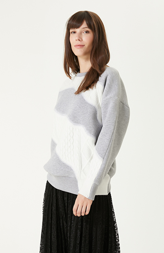 Gri Melanj Keçe Detaylı SweaTshirt