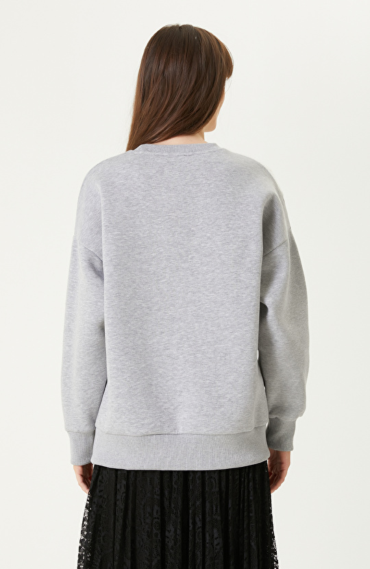 Gri Melanj Keçe Detaylı SweaTshirt