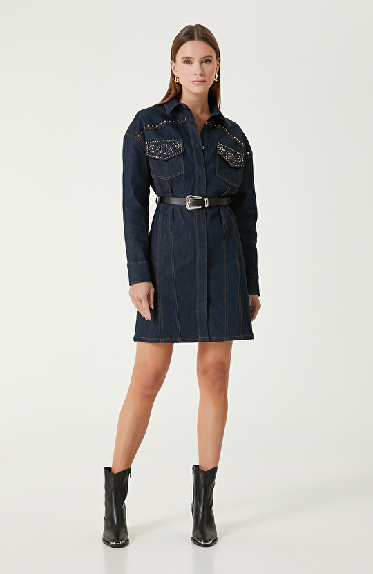 Koyu Indigo Mavi Trok Detaylı Denim Elbise