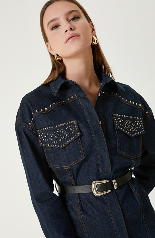 Koyu Indigo Mavi Trok Detaylı Denim Elbise