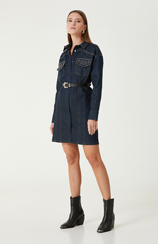 Koyu Indigo Mavi Trok Detaylı Denim Elbise