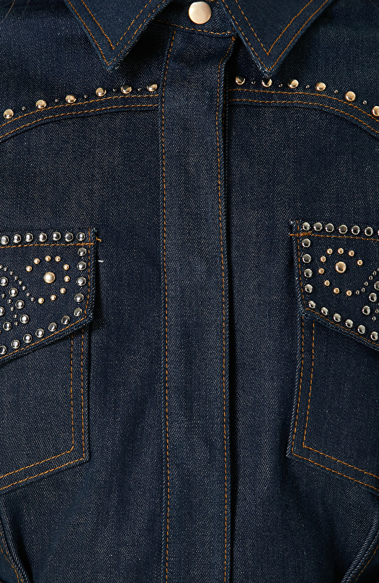 Koyu Indigo Mavi Trok Detaylı Denim Elbise