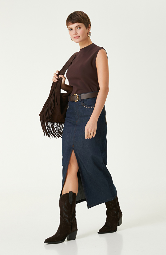 Koyu Indigo Mavi Trok Detaylı Denim Etek