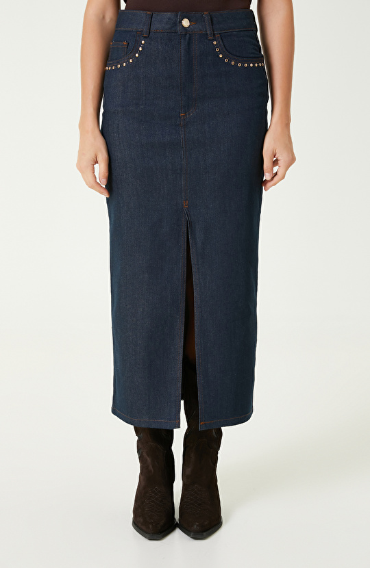 Koyu Indigo Mavi Trok Detaylı Denim Etek