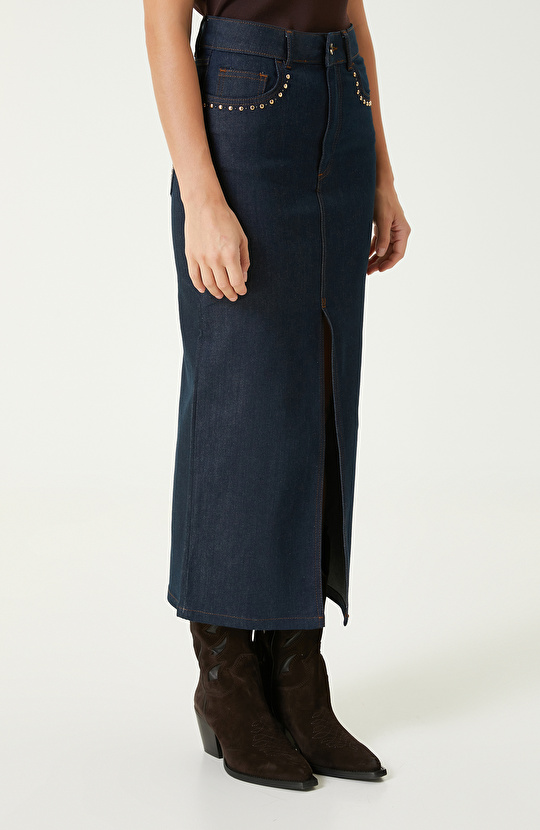 Koyu Indigo Mavi Trok Detaylı Denim Etek