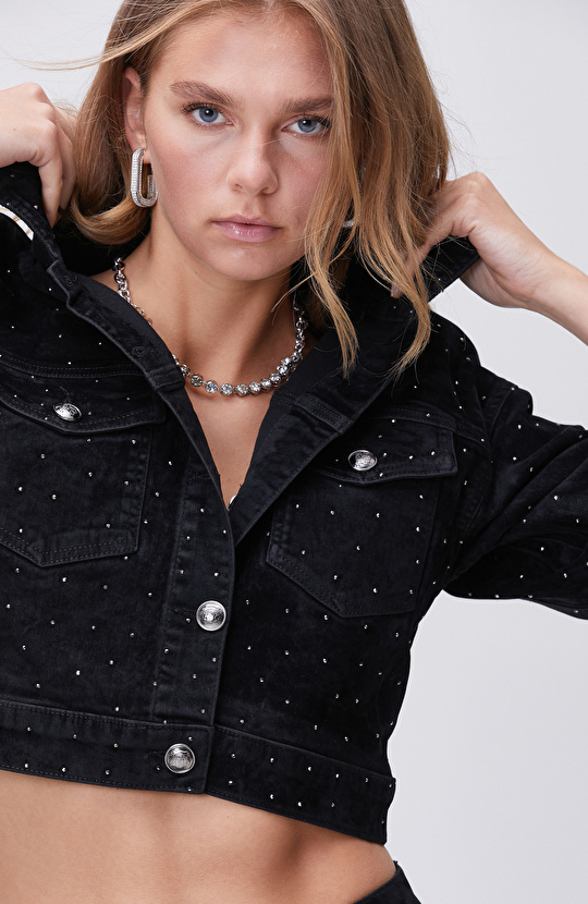 Siyah Taş Baskılı Kadife Denim Mont