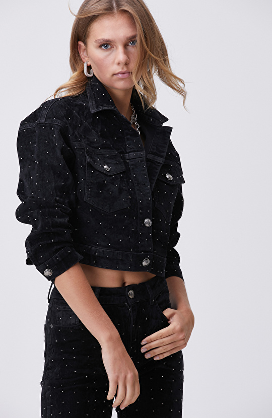Siyah Taş Baskılı Kadife Denim Mont