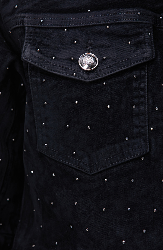 Siyah Taş Baskılı Kadife Denim Mont