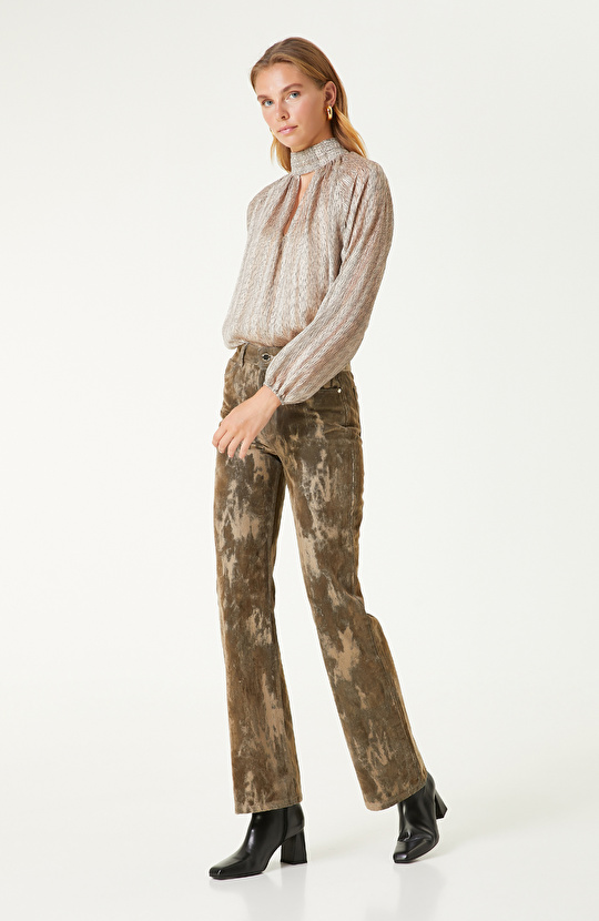 Haki Flok Baskılı Boot Cut Denim Pantolon