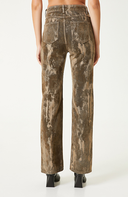 Haki Flok Baskılı Boot Cut Denim Pantolon