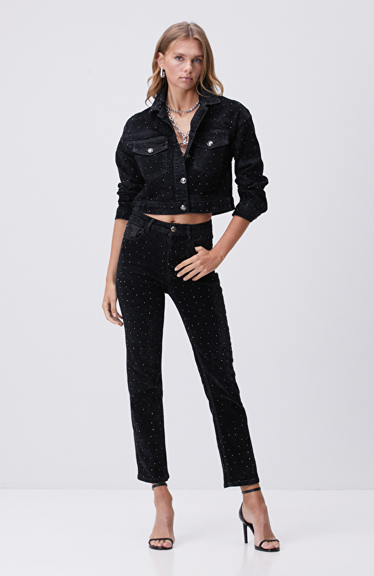 Siyah Taş Baskı Detaylı Kadife Denim Pantolon