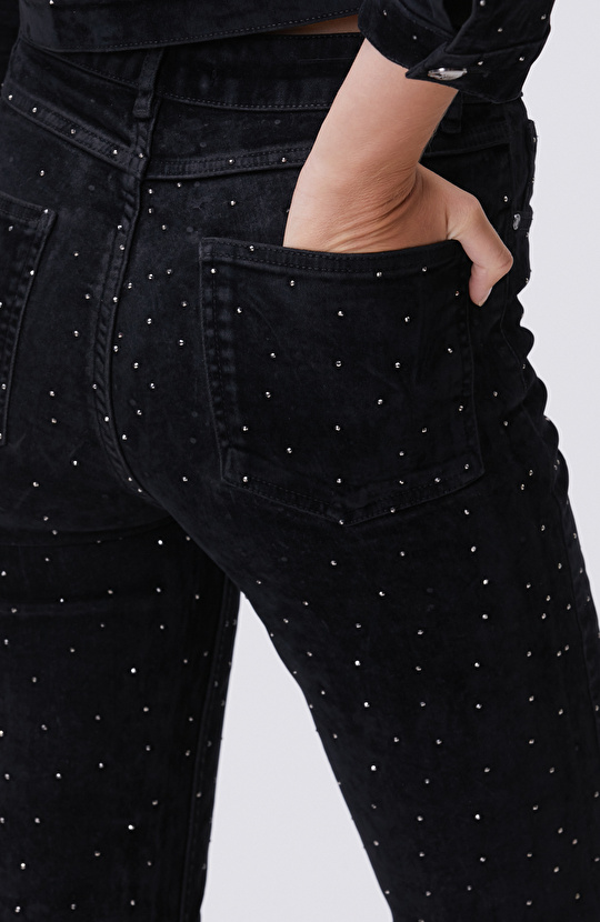 Siyah Taş Baskı Detaylı Kadife Denim Pantolon