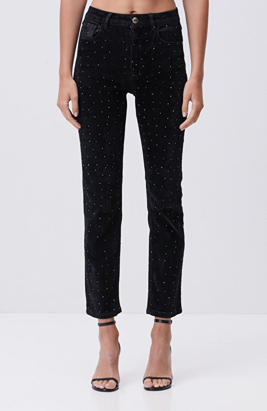 Siyah Taş Baskı Detaylı Kadife Denim Pantolon