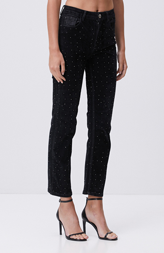 Siyah Taş Baskı Detaylı Kadife Denim Pantolon