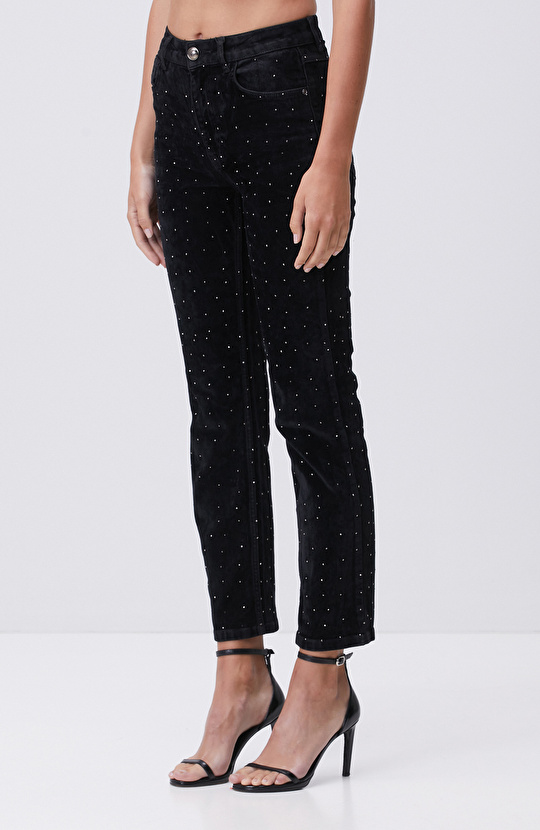 Siyah Taş Baskı Detaylı Kadife Denim Pantolon