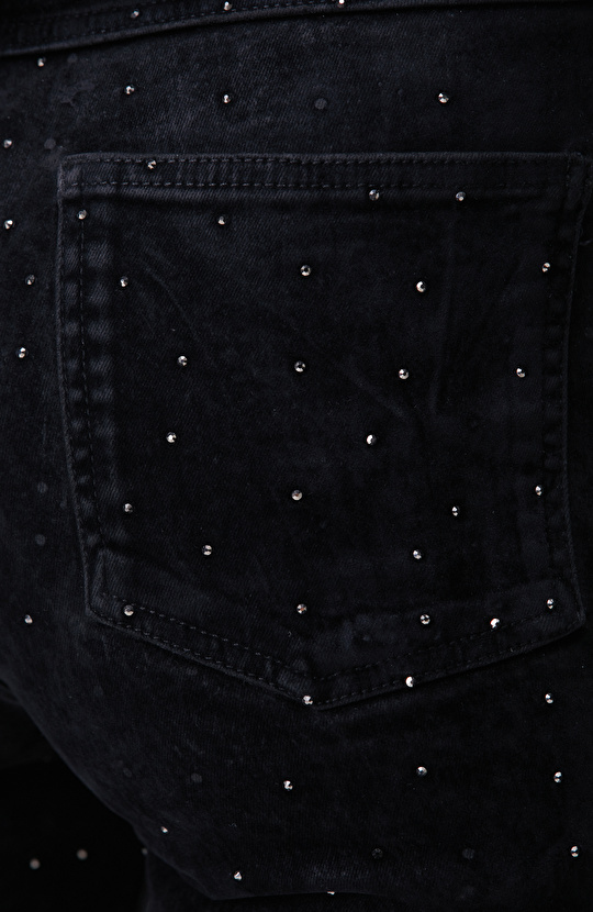 Siyah Taş Baskı Detaylı Kadife Denim Pantolon