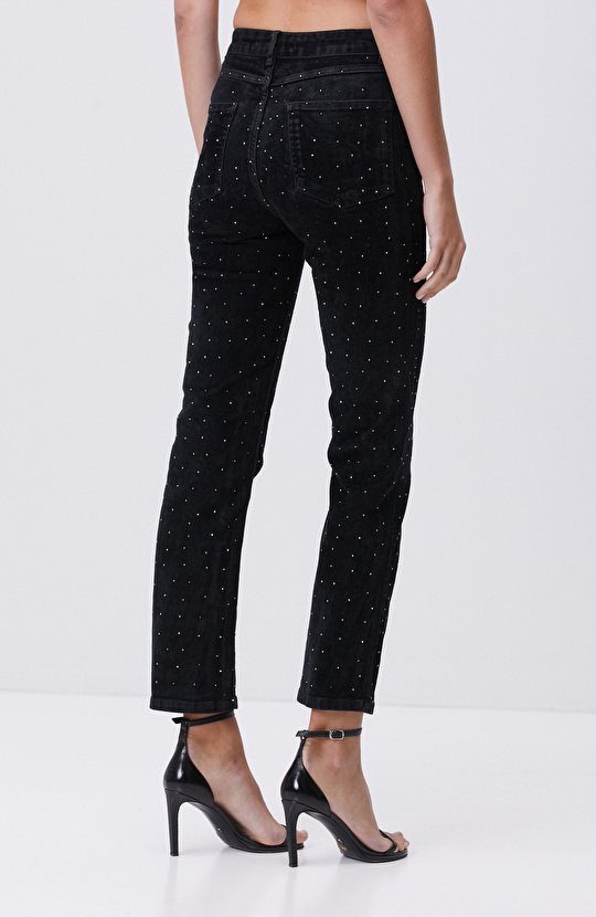 Siyah Taş Baskı Detaylı Kadife Denim Pantolon