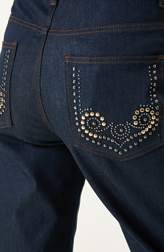 Koyu Indigo Mavi Trok Detaylı Denim Pantolon