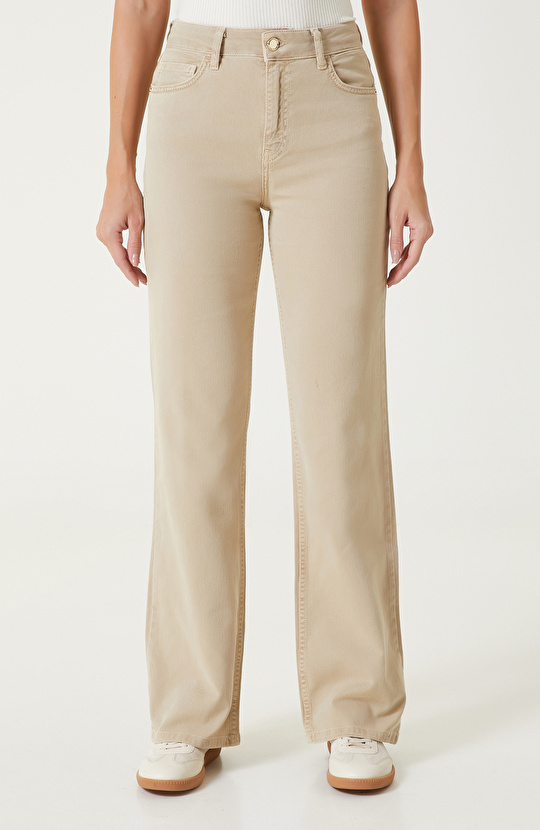 Bej Straight Kalıp Denim Pantolon