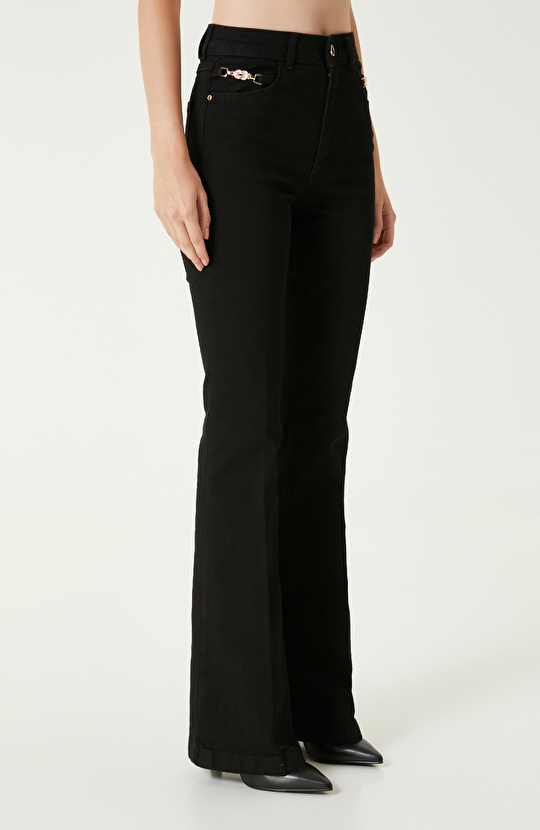 Black Accessorized Flare Cut Denim Trousers