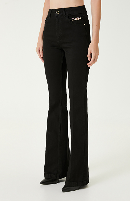 Black Accessorized Flare Cut Denim Trousers