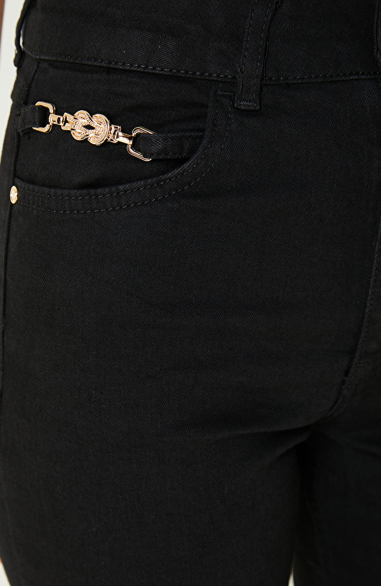 Black Accessorized Flare Cut Denim Trousers