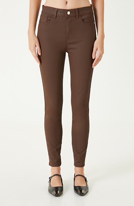 Açık Kahverengi Kaplamalı Skinny Kalıp Denim Pantolon