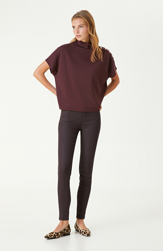 Bordo Kaplamalı Skinny Kalıp Denim Pantolon