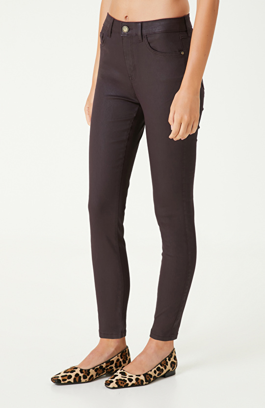 Bordo Kaplamalı Skinny Kalıp Denim Pantolon