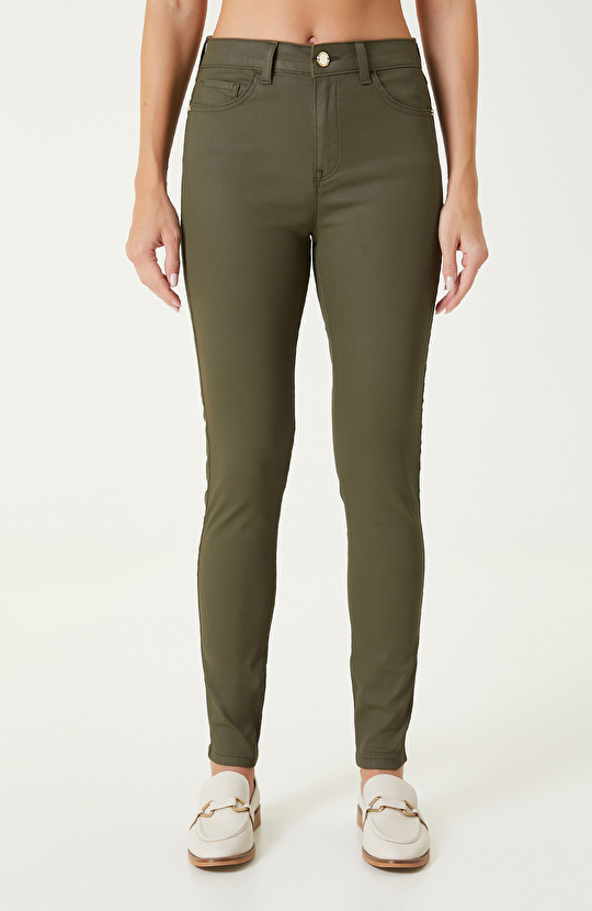 Haki Kaplamalı Skinny Kalıp Denim Pantolon