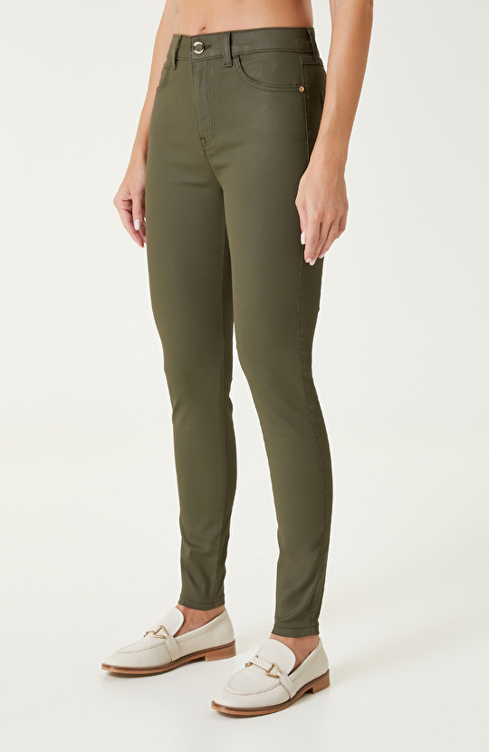 Haki Kaplamalı Skinny Kalıp Denim Pantolon