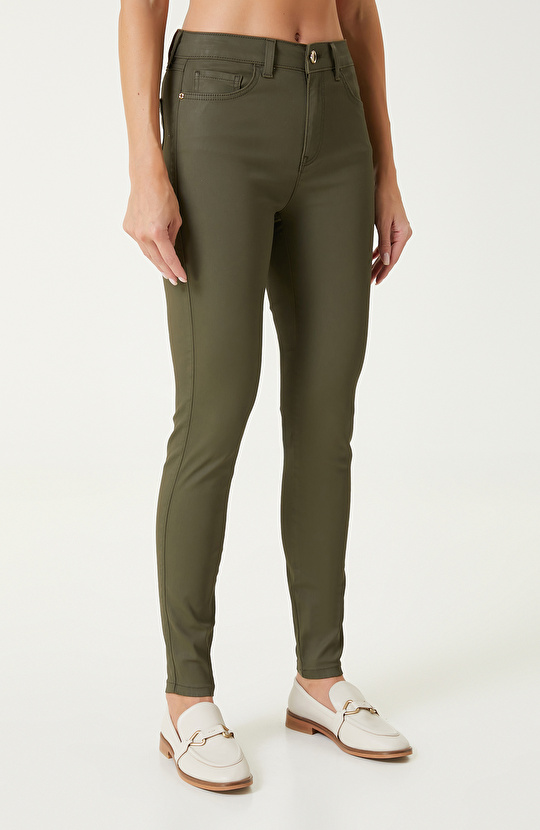 Haki Kaplamalı Skinny Kalıp Denim Pantolon