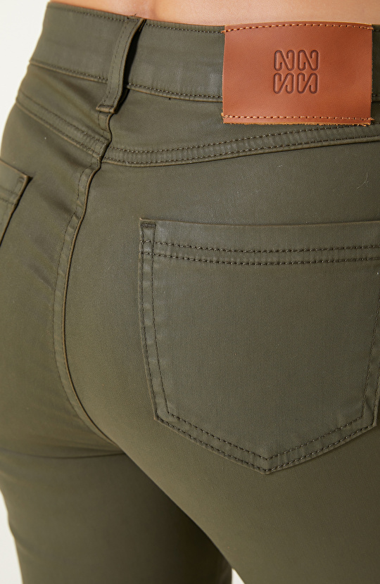 Haki Kaplamalı Skinny Kalıp Denim Pantolon