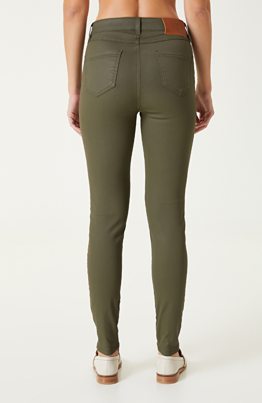 Haki Kaplamalı Skinny Kalıp Denim Pantolon