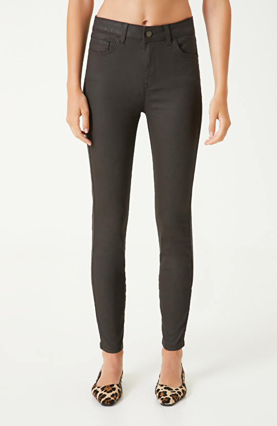 Koyu Kahverengi Kaplamalı Skinny Kalıp Denim Pantolon