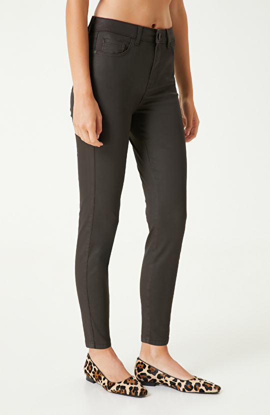 Koyu Kahverengi Kaplamalı Skinny Kalıp Denim Pantolon