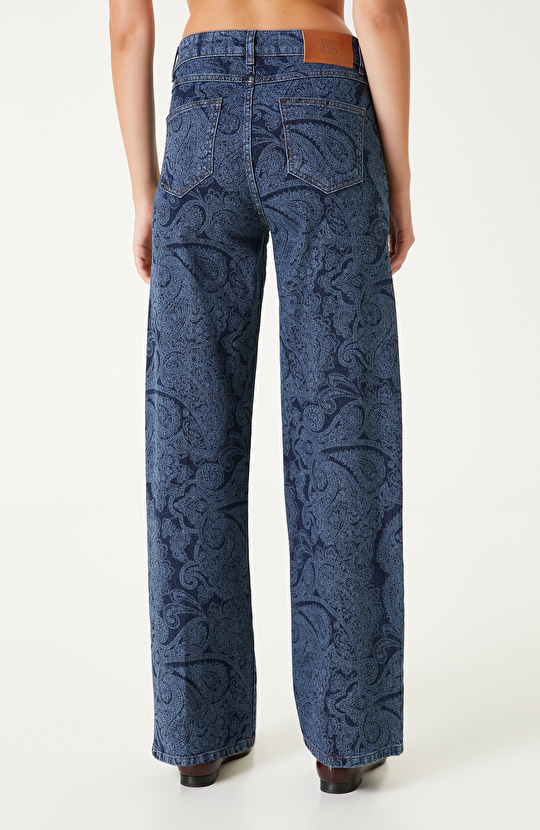 İndigo Şal Desenli Denim Pantolon