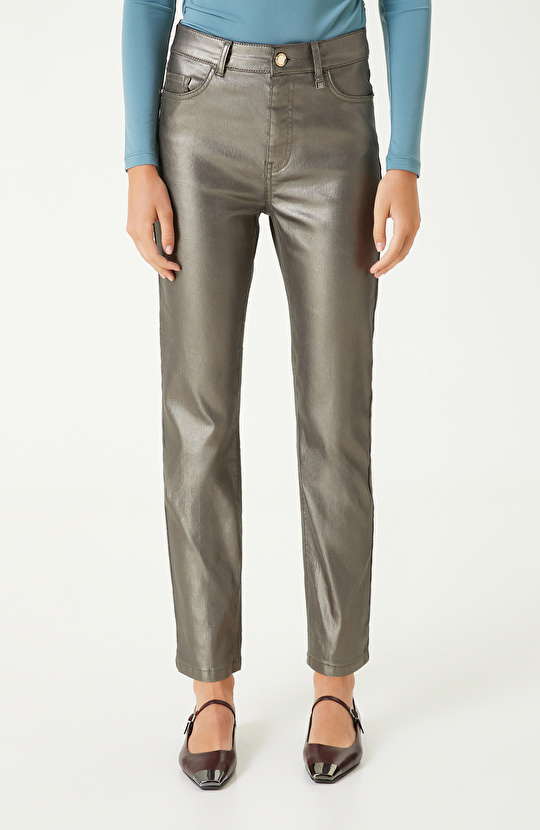 Haki Kaplamalı Slim Fit Denim Pantolon