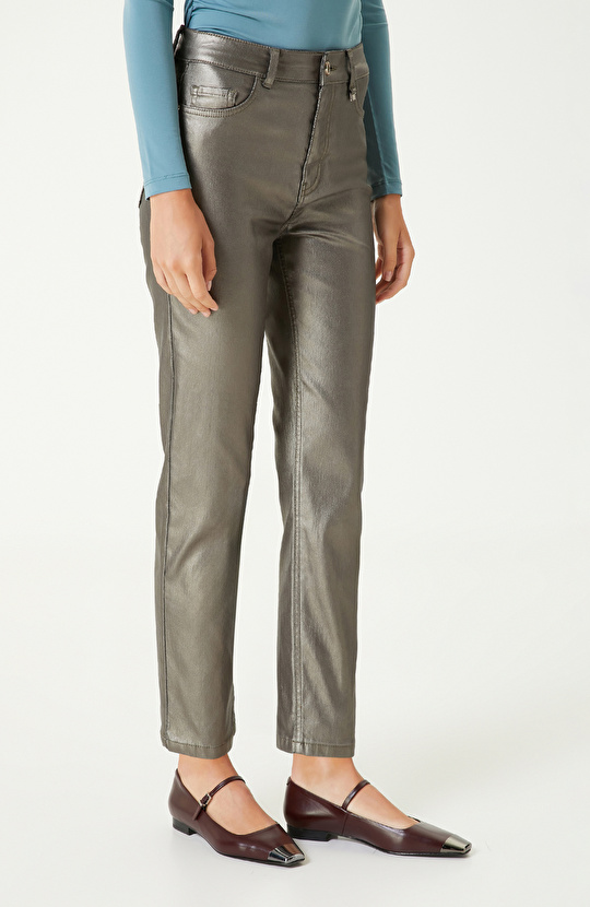 Haki Kaplamalı Slim Fit Denim Pantolon