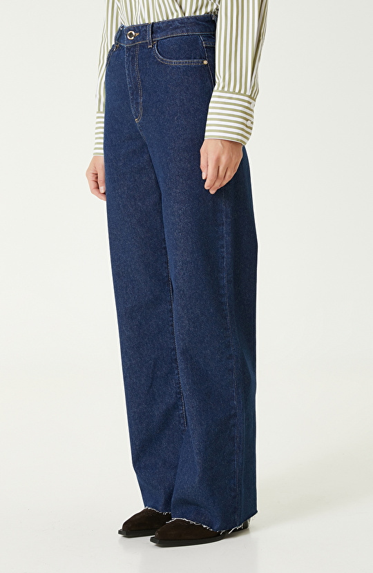 İndigo Geniş Paça Denim Pantolon
