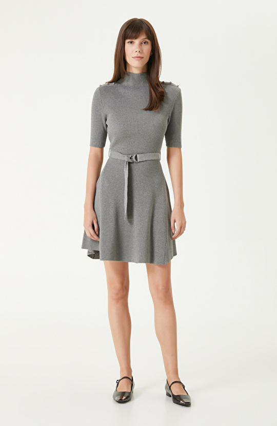 Gri Melanj Evaze Form Triko Elbise