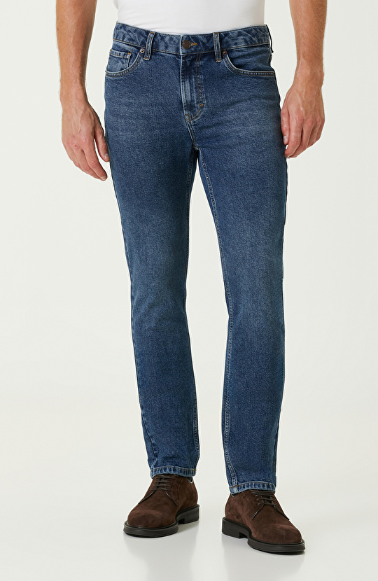 Lacivert Diyagonal Carrot Fıt Denim Pantolon