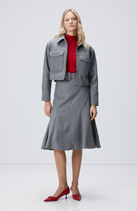 Gri Melanj Midi Yün Etek Gri Melanj Midi Yün Etek