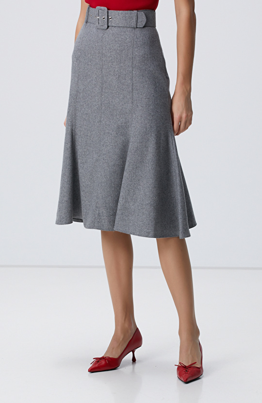 Gri Melanj Midi Yün Etek