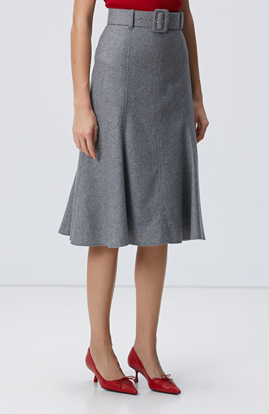 Gri Melanj Midi Yün Etek