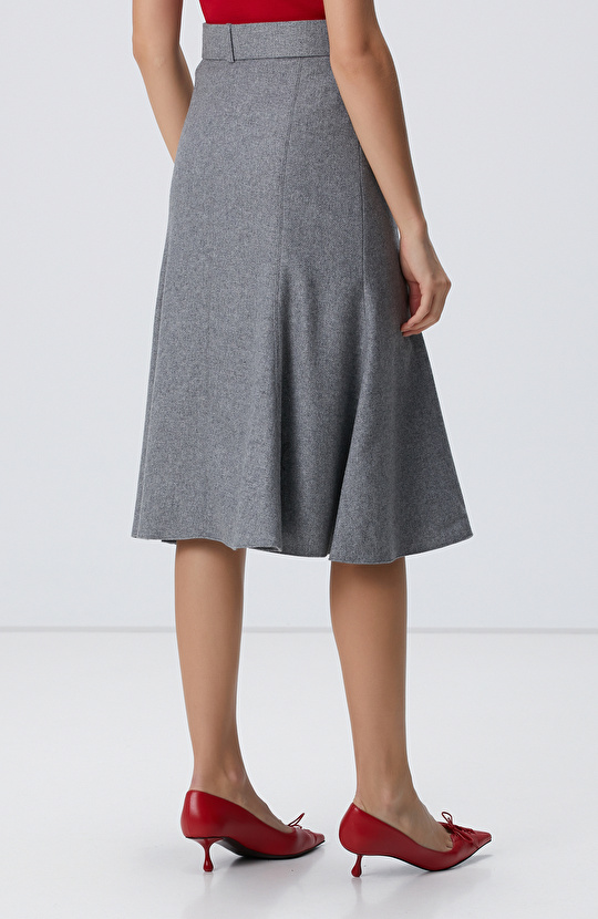 Gri Melanj Midi Yün Etek
