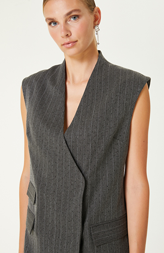 Koyu Gri Taş Baskı Detaylı Çizgili Mini Elbise